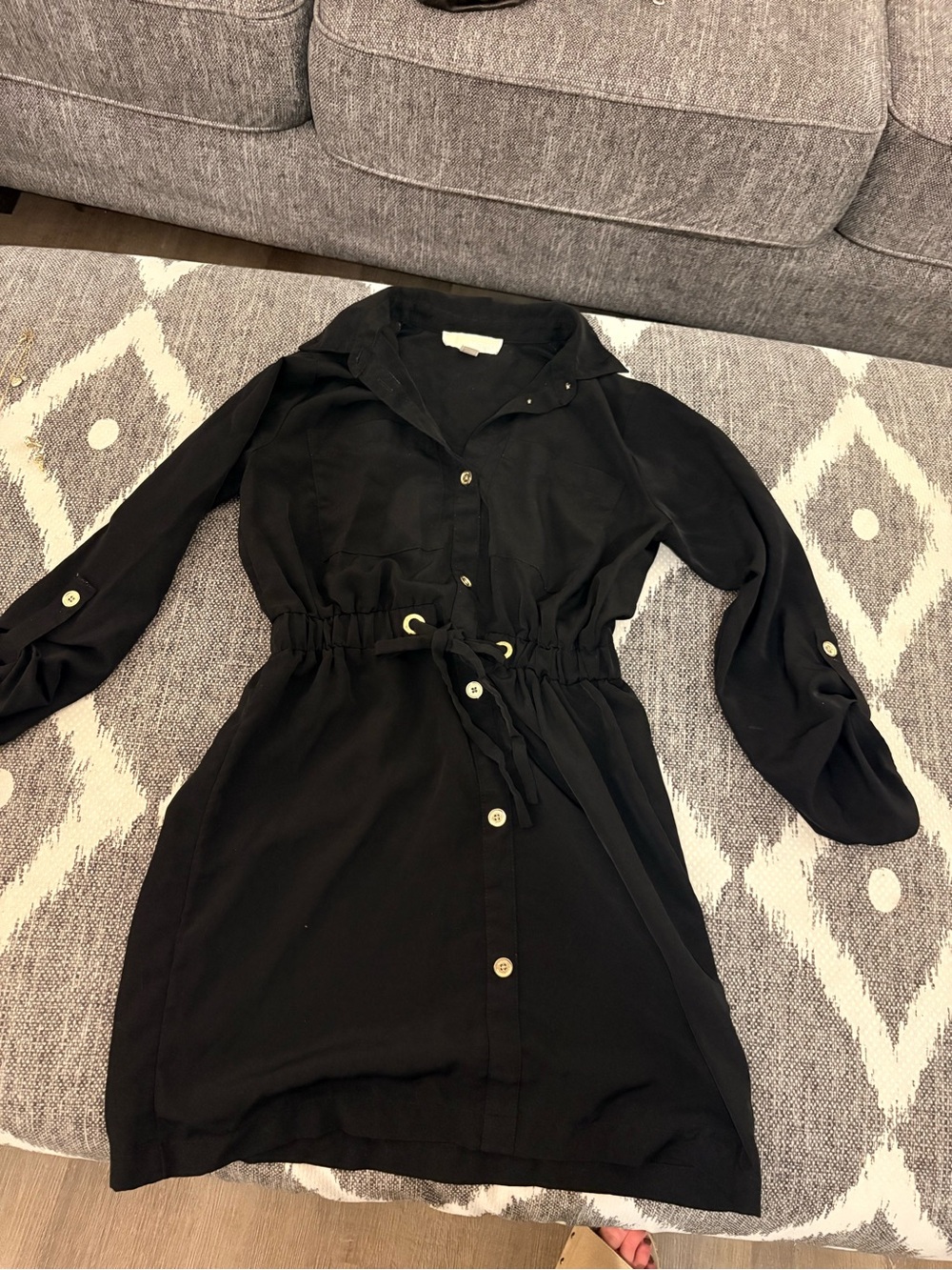 Michael Kors Black Long-Sleeve Drawstring Shirt Dress